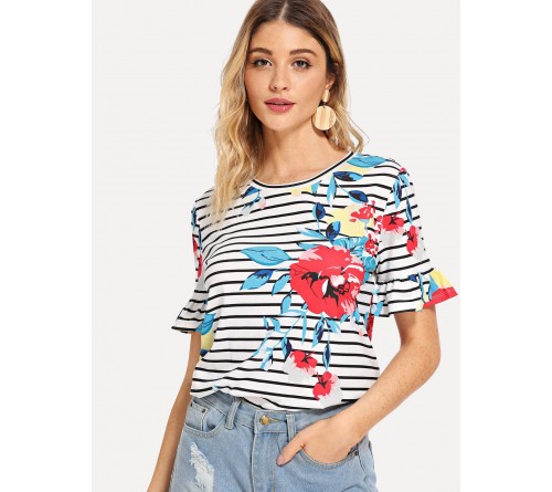 Floral Print Flounce Sleeve Tee