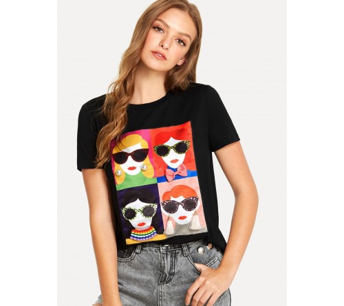 Mixed Applique Cartoon Print Tee