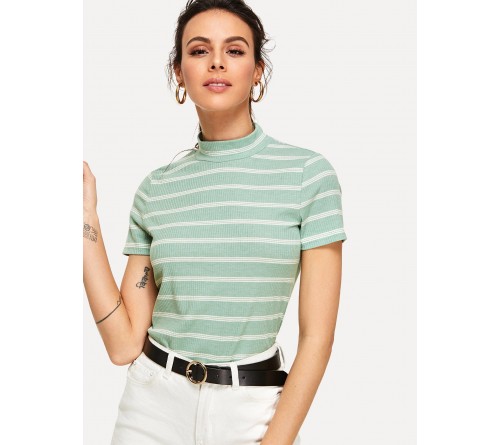 Mock Neck Striped Tee