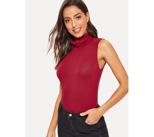 Ruched Turtleneck Sleeveless Slim Top