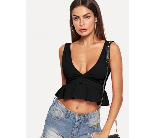 V Neckline Ruffle Hem Top