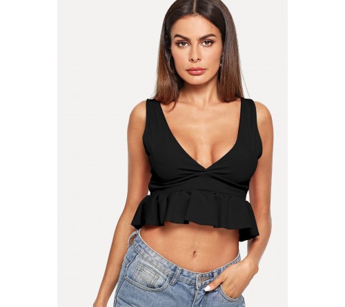 V Neckline Ruffle Hem Top