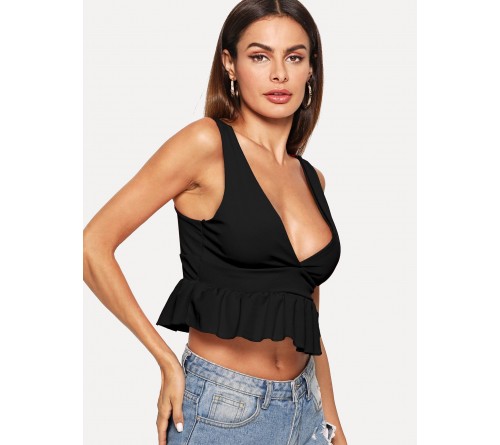 V Neckline Ruffle Hem Top