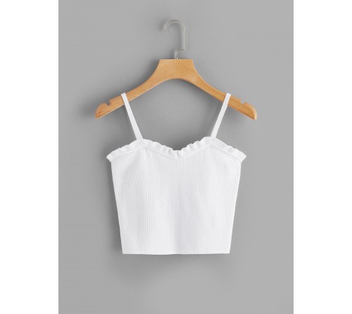 Frilled Trim Rib-knit Crop Cami Top