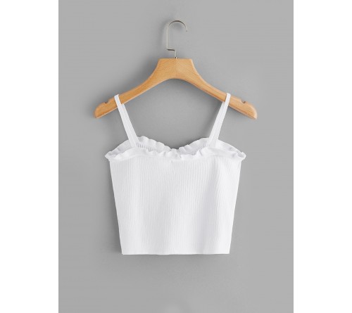 Frilled Trim Rib-knit Crop Cami Top