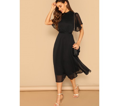 Mock-neck Knot Back Sheer Panel Dress