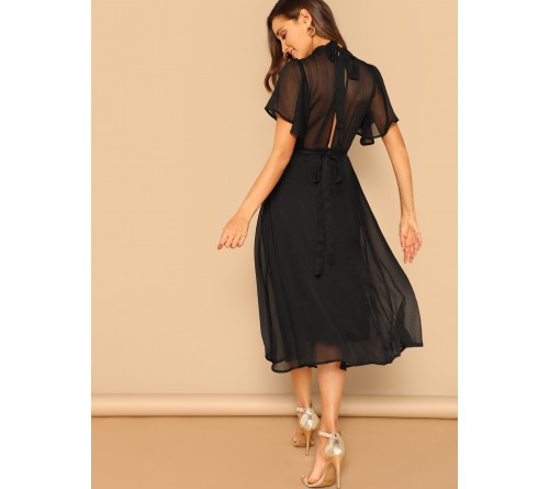 Mock-neck Knot Back Sheer Panel Dress