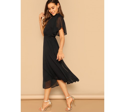 Mock-neck Knot Back Sheer Panel Dress