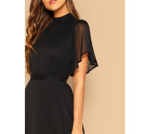 Mock-neck Knot Back Sheer Panel Dress