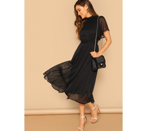 Mock-neck Knot Back Sheer Panel Dress