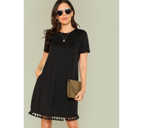 Tassel Hem Side Pocket Tee Dress