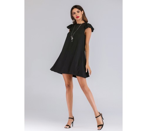 Contrast Ruffle Cuff Keyhole Back Dress