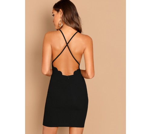 Scallop Trim Crisscross Back Bodycon Dress