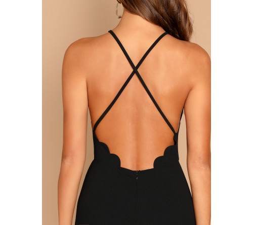 Scallop Trim Crisscross Back Bodycon Dress