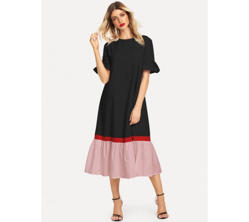 Color-block Ruffle Cuff Hem Dress