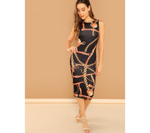 Chain Print Sleeveless Pencil Dress