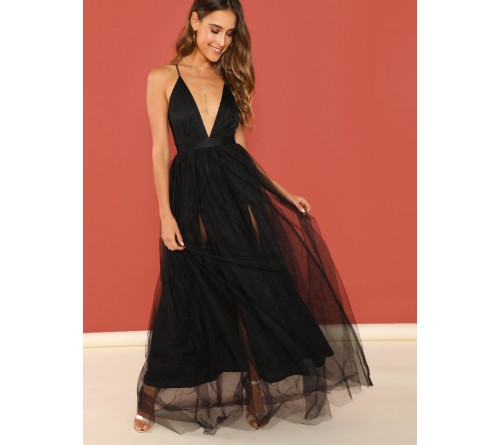 Plunging Neck Mesh-Overlay Maxi Dress