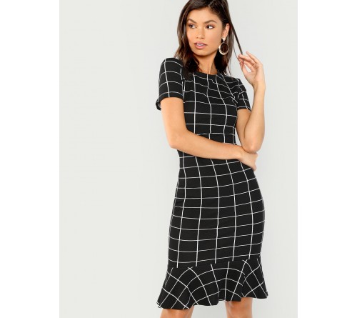 Grid Print Ruffle Hem Bodycon Dress