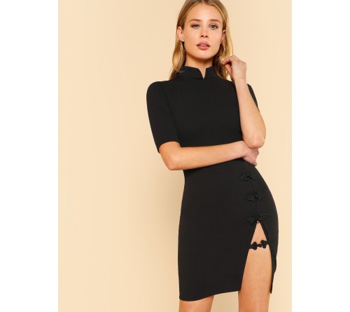 Mandarin Collar Slit Front Dress