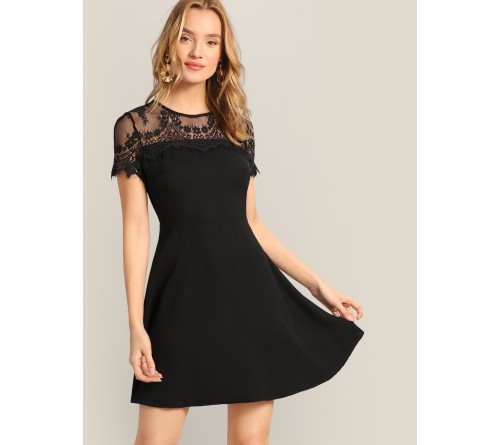 Floral Lace Yoke Fit Flare Dress