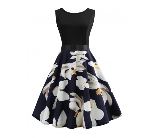 Ribbon Tie Floral Print Flared Combo Dress