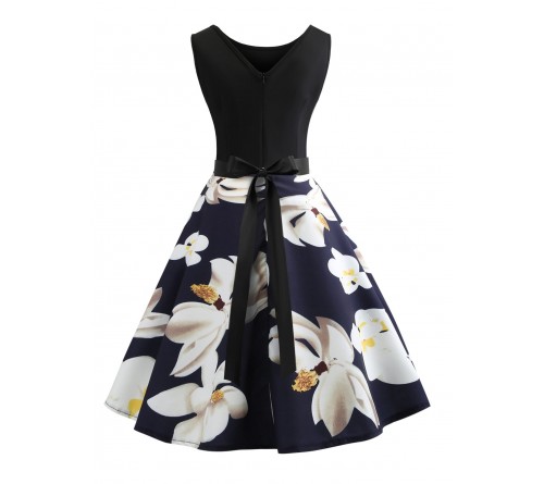 Ribbon Tie Floral Print Flared Combo Dress