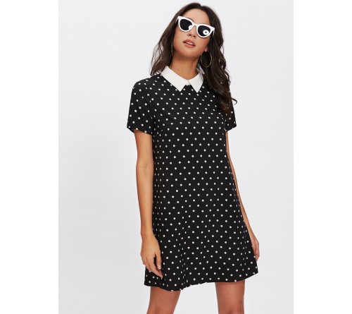 Contrast Collar Polka Dot Dress