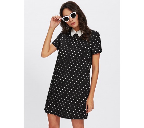 Contrast Collar Polka Dot Dress