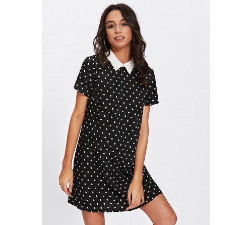 Contrast Collar Polka Dot Dress