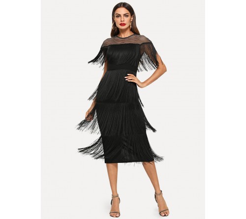 Fishnet Yoke Layered Fringe Dress