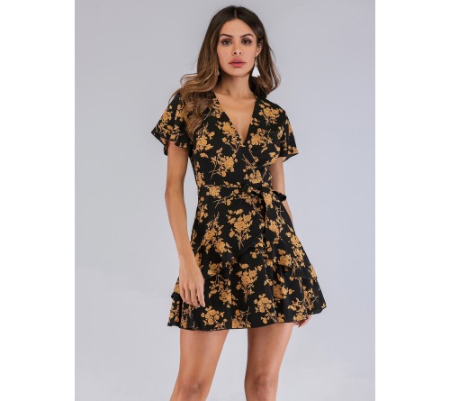 Floral Print Ruffle Hem Belted Dress