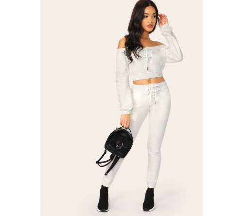 Lace Up Sweatshirt And Sweatpants Set