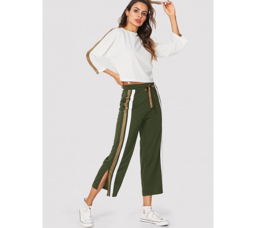 Stripe Contrast Top Drawstring Waist Pants