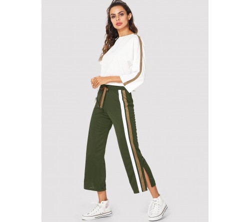 Stripe Contrast Top Drawstring Waist Pants