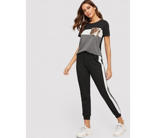 Contrast Sequin Tee With Contrast Striped Pants