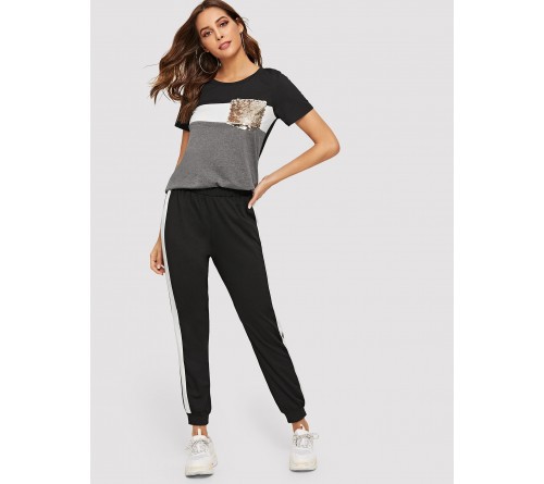 Contrast Sequin Tee With Contrast Striped Pants