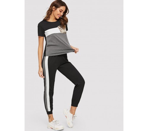 Contrast Sequin Tee With Contrast Striped Pants