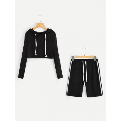 Striped Crop Hooded Tee Legging Shorts Active Suit