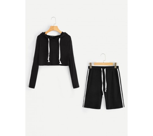 Striped Crop Hooded Tee Legging Shorts Active Suit