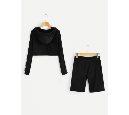 Striped Crop Hooded Tee Legging Shorts Active Suit