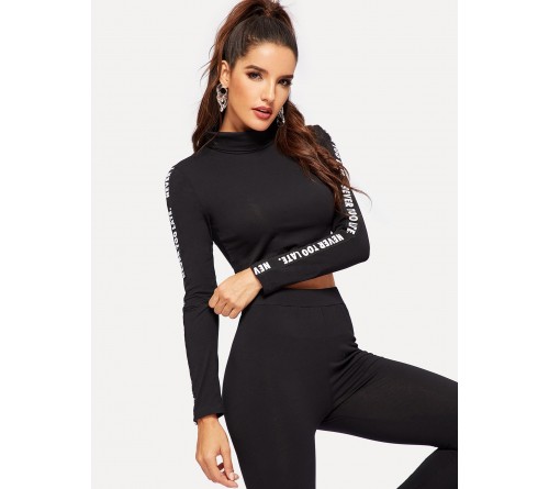 High Neck Letter Print Sleeve Crop Tee Leggings Set