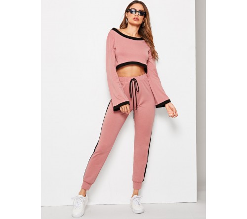 Contrast Binding Crop Pullover Track Pants Set