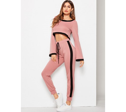 Contrast Binding Crop Pullover Track Pants Set