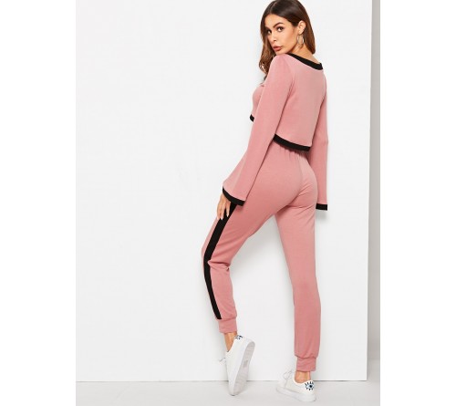 Contrast Binding Crop Pullover Track Pants Set