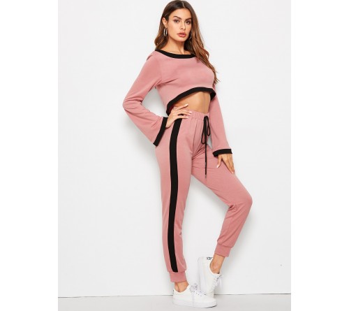 Contrast Binding Crop Pullover Track Pants Set