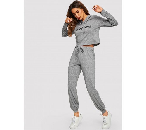 Letter Print Heather Grey Hoodie and Sweatpants Set