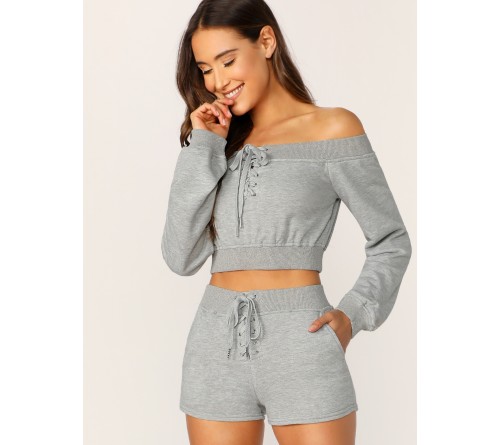 Lace Up Sweatshirt And Sweatshort Set