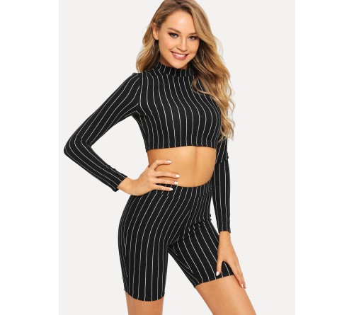 Vertical-stripe Mock-neck Tee Leggings Shorts Set