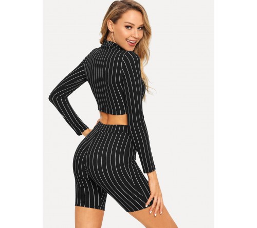 Vertical-stripe Mock-neck Tee Leggings Shorts Set