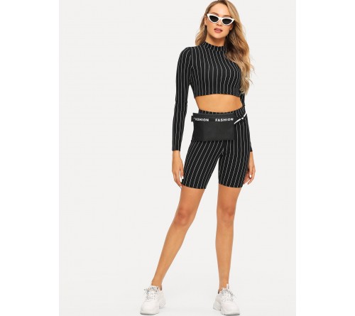 Vertical-stripe Mock-neck Tee Leggings Shorts Set